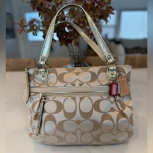 Coach Signature Canvas Shoulder Bag in Beige with Gold Trim